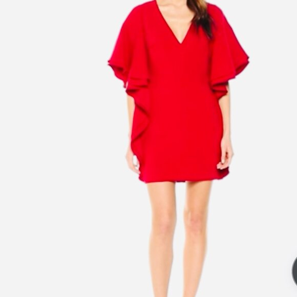Halston V-Neck Flounce Sleeve Mini Dress (Red) size:12 - Picture 4 of 6